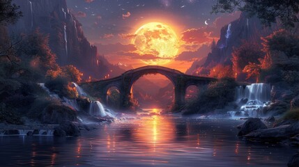 A river flowing beneath a bridge its waters reflecting the light of a full moon. On each side of the bridge different landscapes can be seen one representing the physical - obrazy, fototapety, plakaty