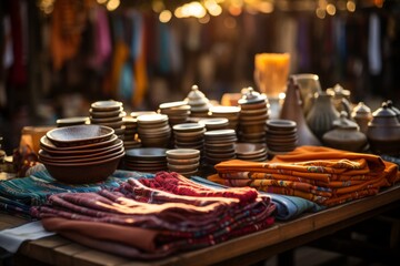 Tableware retail market selling plates, bowls, and blankets in city event