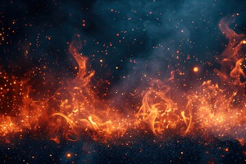 Background with fire sparks, embers and smoke. Overlay effect of burn coal, grill, hell or bonfire with flame glow, flying red sparkles and fog on black background, vector realistic border - obrazy, fototapety, plakaty