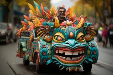 Man rides in colorful vehicle with tiki face at public festival