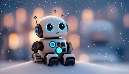An illustration of a robot sitting in a snowstorm - obrazy, fototapety, plakaty