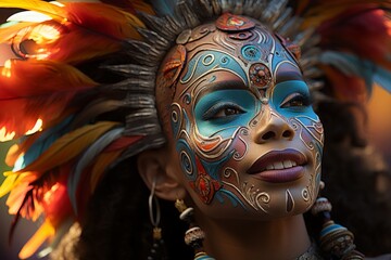 Woman wearing colorful face paint, feathers headgear at an entertainment event