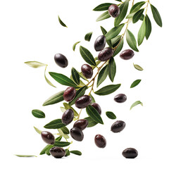 Fresh olives falling in air, healthy and organic food, AI generated, PNG transparent with shadow