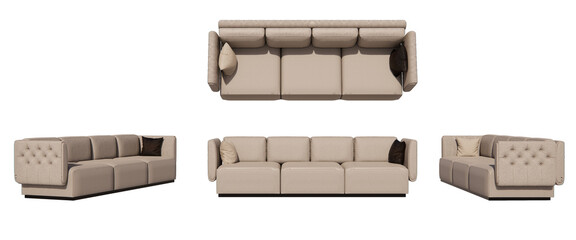 modern sofa with fabric finished buttons, living room, isometric sofa, sofa with pillows mockup, top view, font view, side view, isolated,perspective, rendering