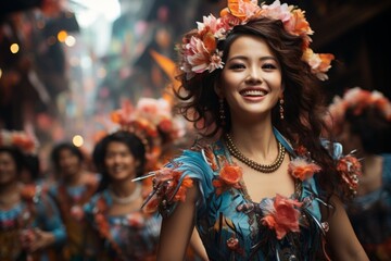 A happy woman with flowers in her hair in blue dress smiles at public event