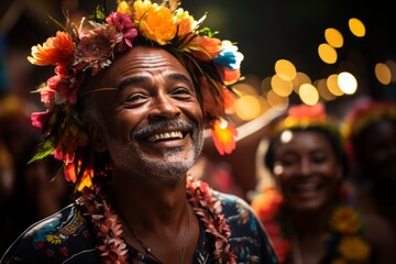 Happy man in lei and flower crown smiling at celebration event - obrazy, fototapety, plakaty