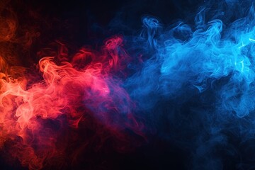 Blue vs red smoke effect black vector background. Abstract neon flame cloud with dust cold versus hot concept. Sport boxing battle competition fog transparent wallpaper design. Police digital banner - obrazy, fototapety, plakaty