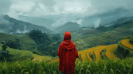 Cercles muraux Rizières The back of a young man wearing a red hood Walking on terraced rice fields With a magnificent view of Sao Yokarn Mountain