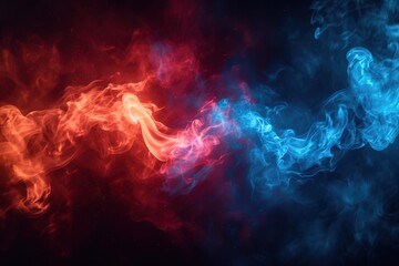 Blue vs red smoke effect black vector background. Abstract neon flame cloud with dust cold versus...