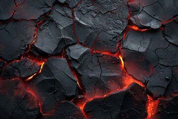 Burning coals and crack surface. Black and red rock stone background. Dark red horror scary...