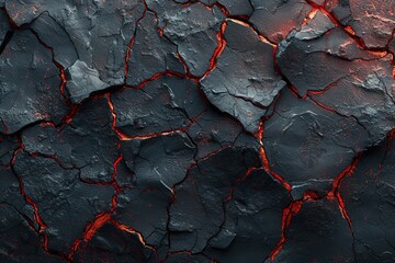 Burning coals and crack surface. Black and red rock stone background. Dark red horror scary...