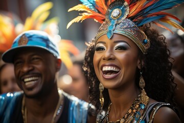 A man and a woman are happily smiling and wearing headgear at a carnival event