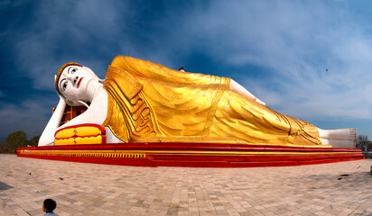 Reclining Buddha, 101.5 m long, is located next to Aung Sakkya Pagoda, Monywa, Myanmar.