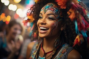 A happy woman with face paint and feathers smiling at an entertainment event