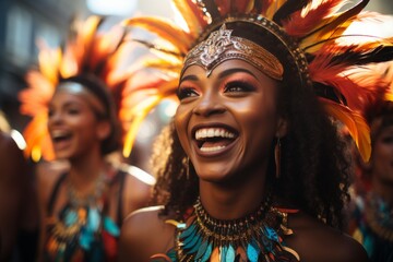 a woman in a carnival costume is smiling and laughing
