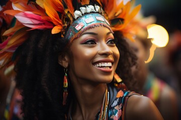 The woman is happy, wearing a feathered headpiece and smiling at the event