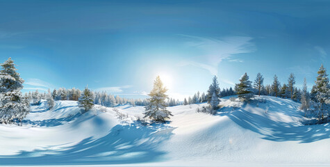 Fototapeta na wymiar panorama of a beautiful snow covered pine forest in the distance, snow covered hills with trees and sunlight shining through, bright blue sky