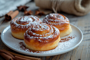 Obraz na płótnie Canvas Freshly baked cinnamon buns dusted with powdered sugar on plate