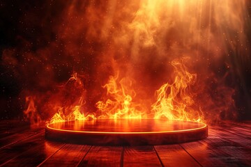 Empty red and gold burning festive stage with fire and light shines glow and smoke, background with copy space for award ceremony, jubilee or product presentations. - obrazy, fototapety, plakaty