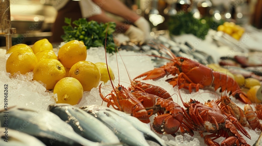 Poster a team of chefs working in a bustling seafood market carefully selecting and inspecting each fish cr