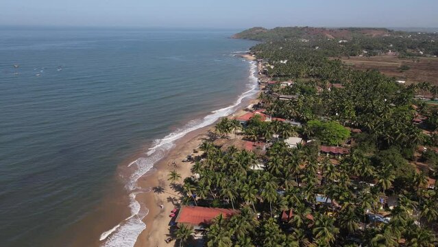 An Aerial shot of Anjuna Beach at Goa in India
