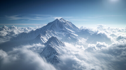 Fototapeta premium Hyper-realistic capture of a towering snowy mountain peak above a sea of clouds, its white slopes glowing under the sunlight against the deep blue sky Detailing the intricate, AI Generative