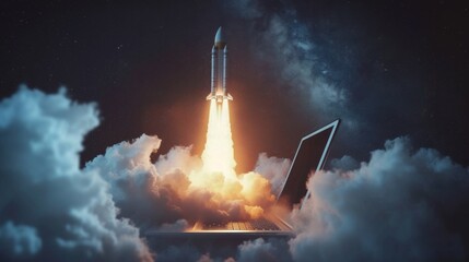 Launching Space Rocket From Laptop Screen, AI Generative - obrazy, fototapety, plakaty