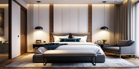 Bedroom Interior Design with various types and styles of decoration - obrazy, fototapety, plakaty