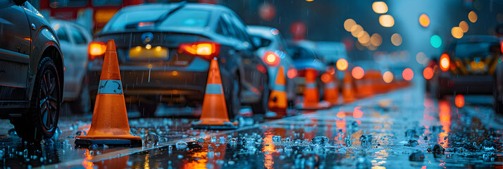 Traffic Cones Arranged Beside a Car on the Street,
Car and traffic cones, driving school concept - obrazy, fototapety, plakaty