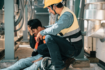 Asian HVAC engineer injured on job, needs urgent aid and support. Pain conveys distress.