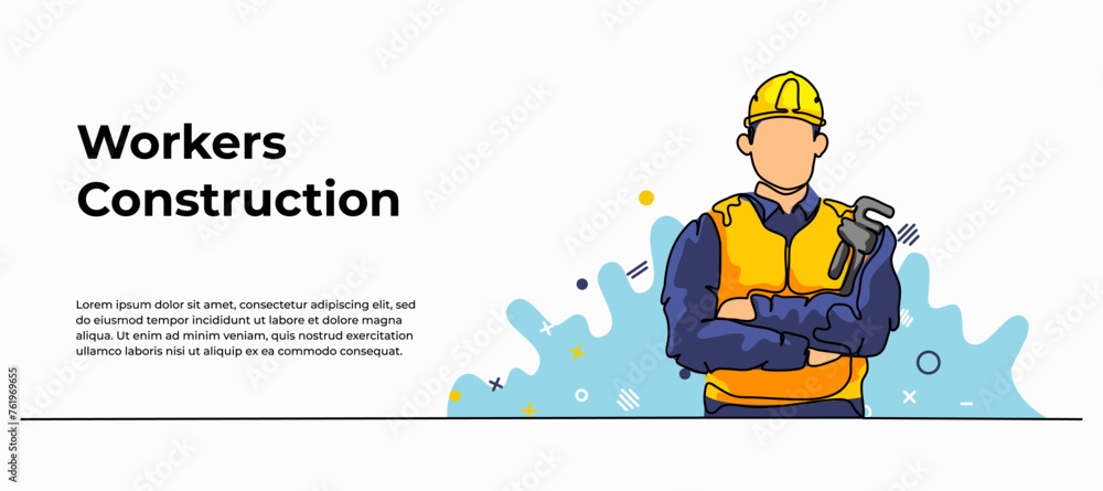 Poster vector illustration of project worker pose with confidence. modern flat in continuous line style.