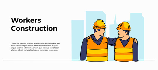 Vector illustration of two young construction workers. Modern flat in continuous line style.