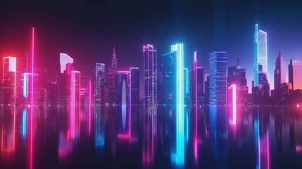 The serene beauty of a cityscape, illuminated by elegant neon strips in a minimalist stage design style, rendered in detail The image focuses on spectral, multi-coloured minimalism, AI Generative - obrazy, fototapety, plakaty