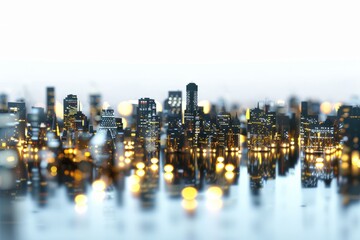 3D Render of city at night with illuminated buildings and glowing streetlights, on isolated white background, Generative AI