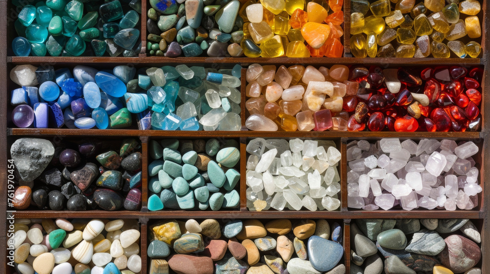 Poster a tray of colorful gemstones and crystals each with their own unique healing properties used in crys