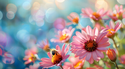 Beautiful natural flower background with bees working on a bright sunny day. - obrazy, fototapety, plakaty