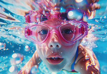 A kid is swimming underwater in the pool wearing a pink and yellow wetsuit