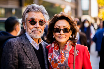 A stylish senior couple smiling confidently while walking together in an urban environment, showcasing timeless elegance.