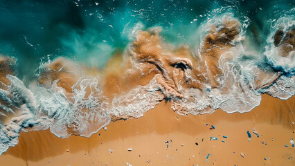 A stunning aerial shot capturing the dynamic interaction of waves with the golden sandy beach.