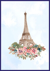 Greeting Card with Paris Eiffel Tower and flowers