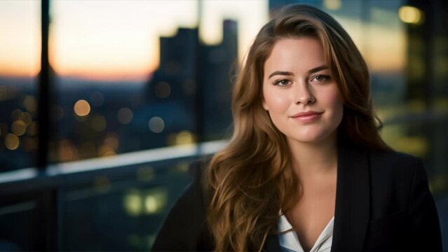 Smiing young plump businesswoman standing,Plump businesswoman looking at the camera