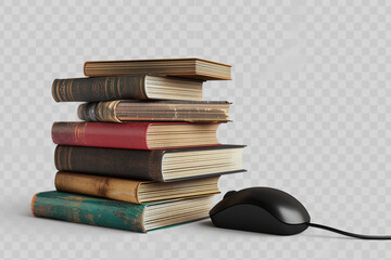 stack of old books with black mouse on a transparent background