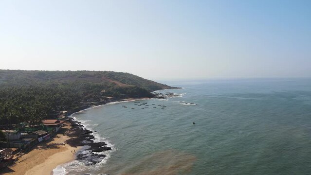 An Aerial shot of Anjuna Beach at Goa in India
