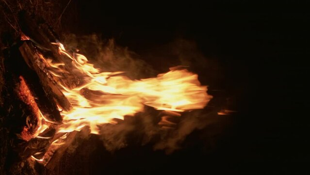 Vertical night bonfire fire heat logs flame black