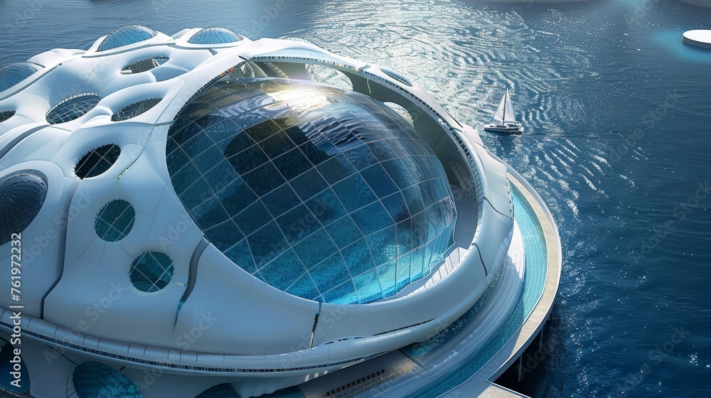 Poster an iconic floating stadium designed to resemble a giant floating sphere offering a 360degree view of