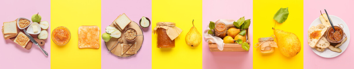 Collage with sweet pear jam and toasts on color background, top view