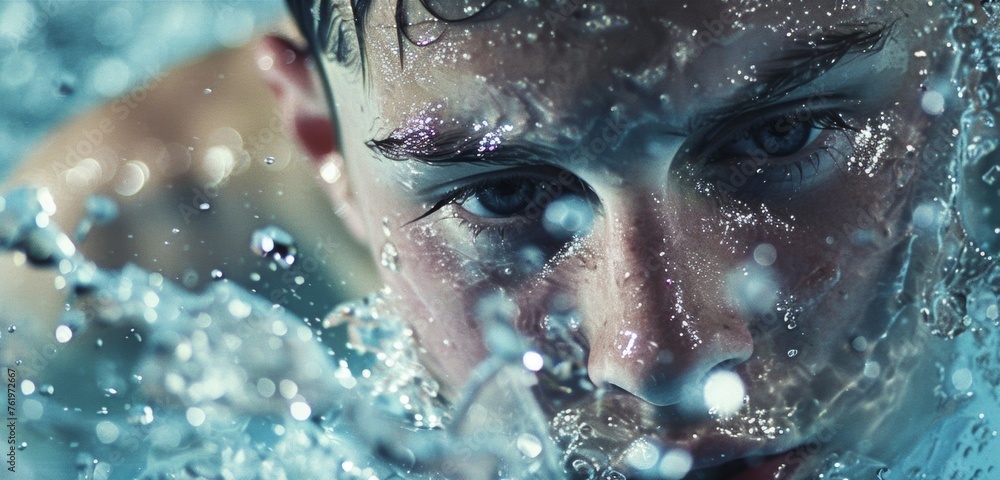Poster the intense focus in a swimmers expression as they push through the water with strong stroke pulls.