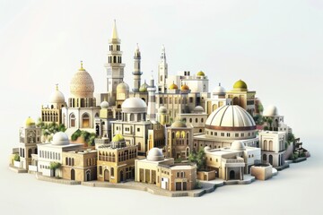 3D Render of city with mix of architectural styles, representing its diverse cultural heritage, on isolated white background, Generative AI