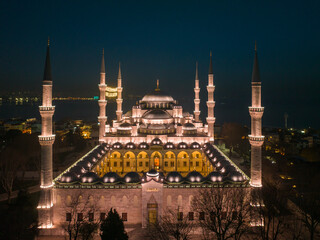 Blue Mosque (Sultanahmet Cami) in the Night Lights Drone Photo, Sultanahmet Camii Fatih, Istanbul...