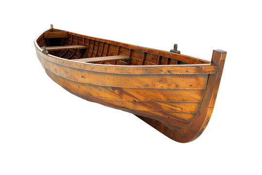 An aged wooden rowboat rests alone on a bright white background, evoking images of tranquil lakes or calm summer days by the shore